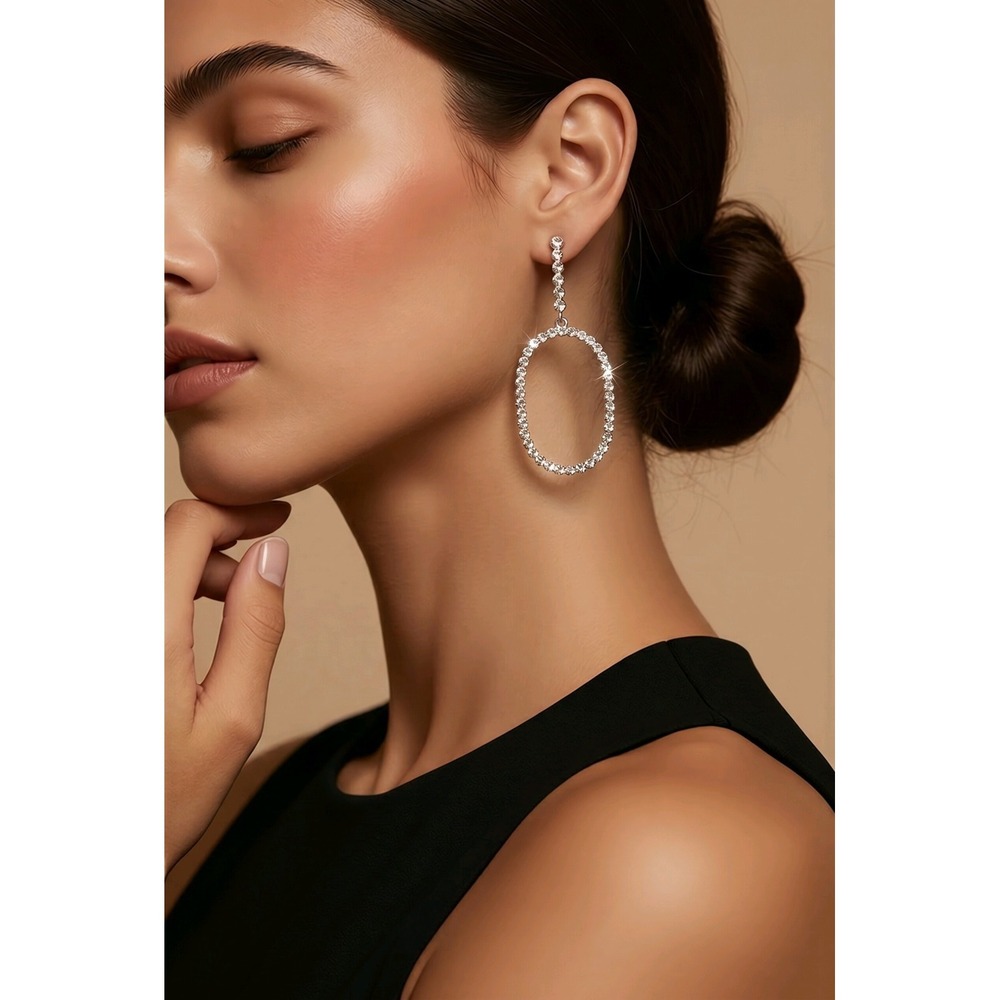 Rhinestone Oval Hoop Drop Earrings‎ Silver Tone Crystal Dangle Prom Wedding